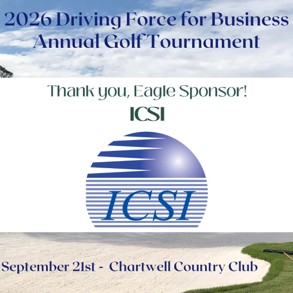 ICSI Eagle Sponsor banner at the 2026 Driving Force for Business Golf Tournament